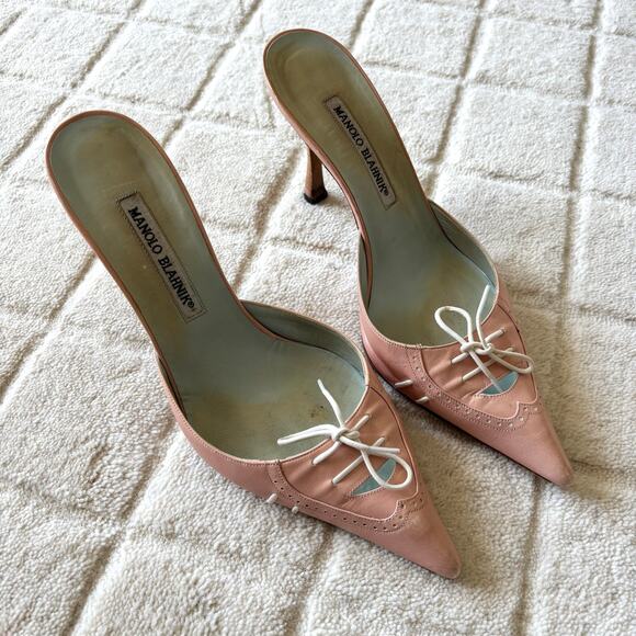 Manolo Blahnik baby pink lace up bow mules vintage size 38.5 - Picture 1 of 5